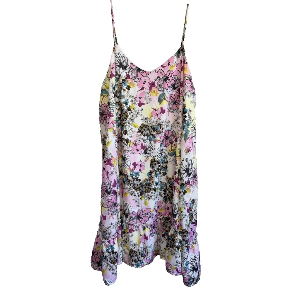 Saints & Hearts Floral Print Dress Women's L Pink Purple Ruffle Hem‎ Sleeveless